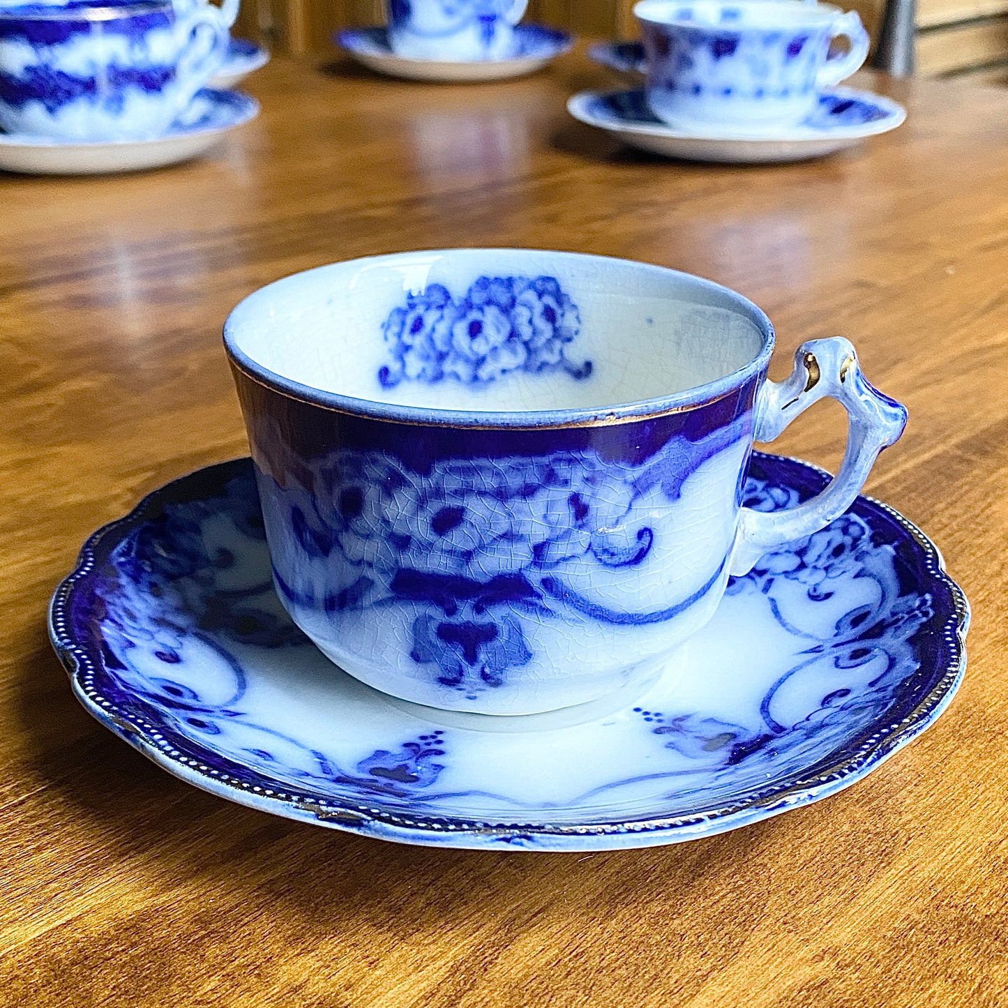 Flow Blue Teacup & Saucer 'Monarch'