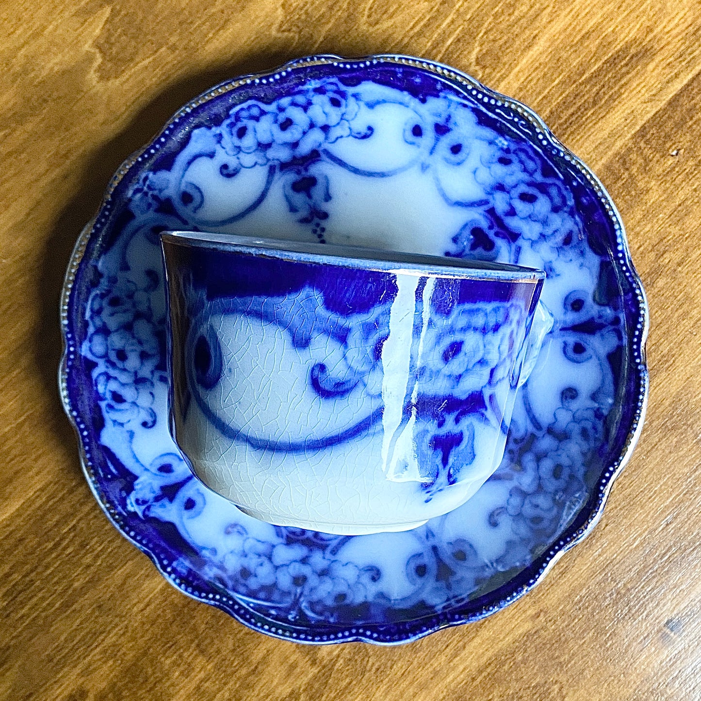 Flow Blue Teacup & Saucer 'Monarch'